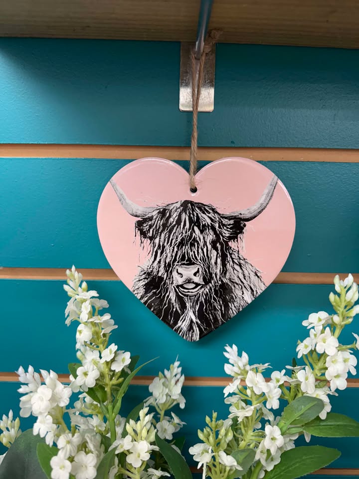 Black & White Highland Cow Ceramic Heart Hanger