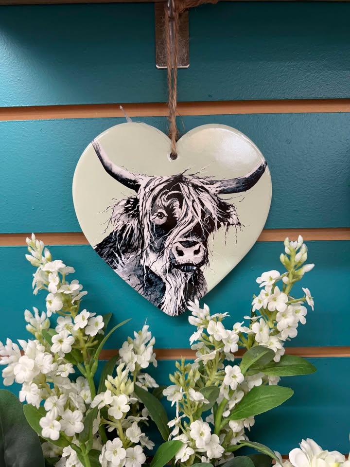 Black & White Highland Cow Ceramic Heart Hanger