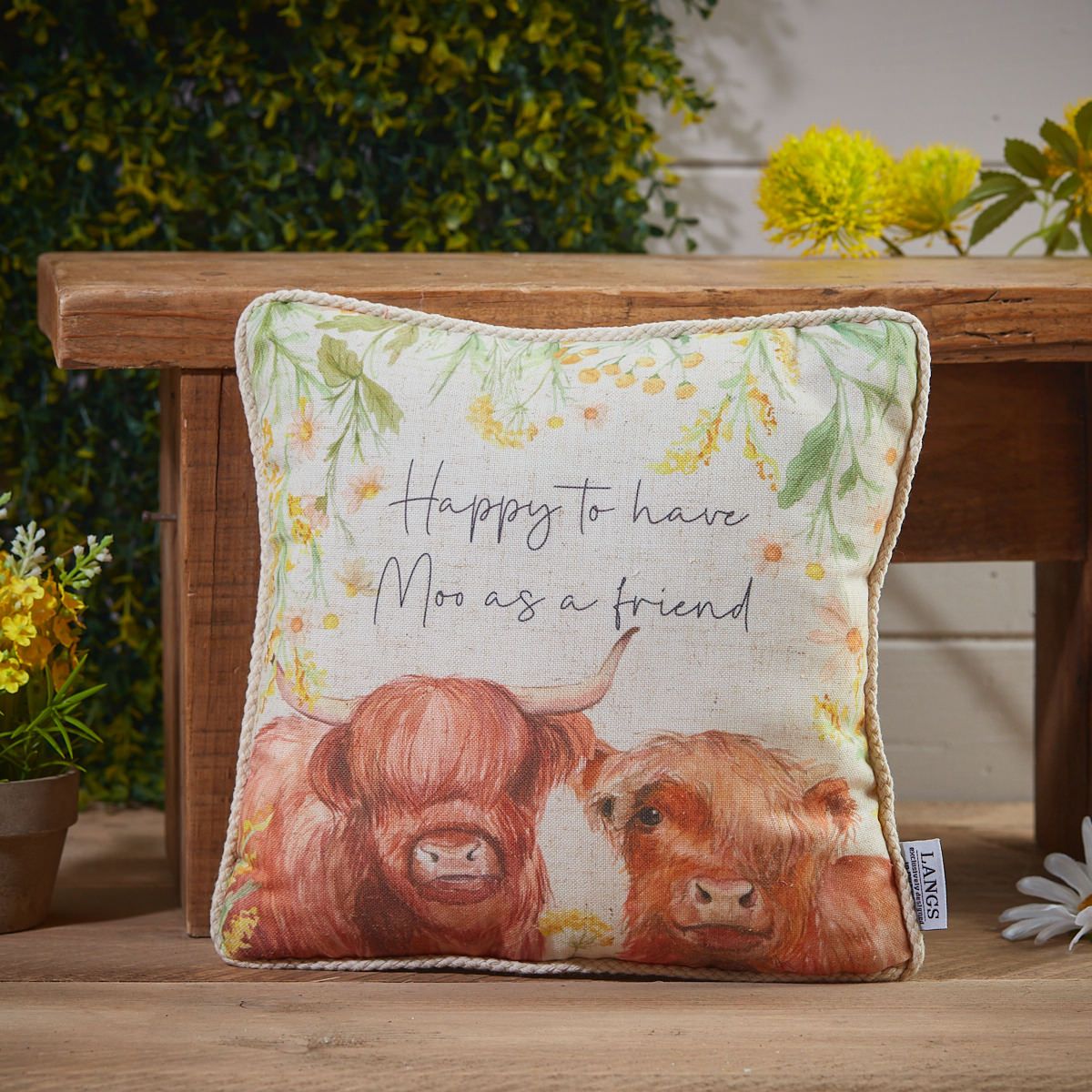 "Happy to have moo as a friend" Spring Floral Highland Cow Cushion