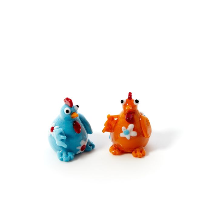 Glass Chicken with Flowers Blue/Orange