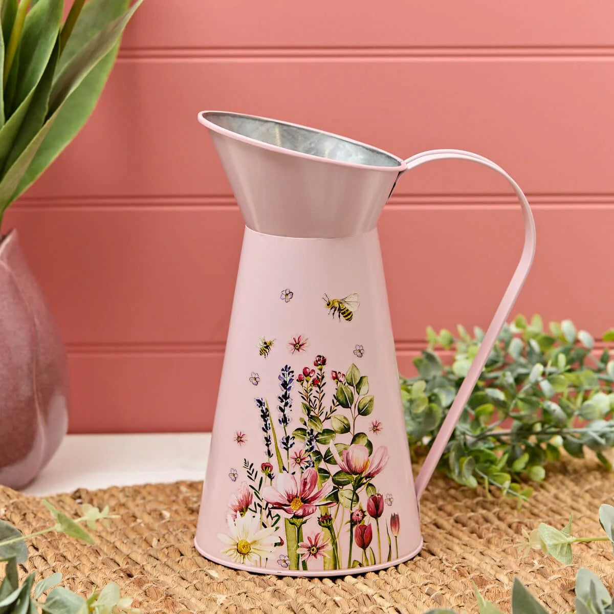 Pink Floral Tall Metal Decorative Jug