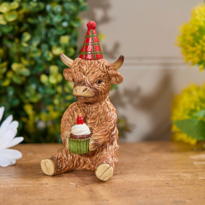 Resin Highland Cow with Birthday Hat and Cake