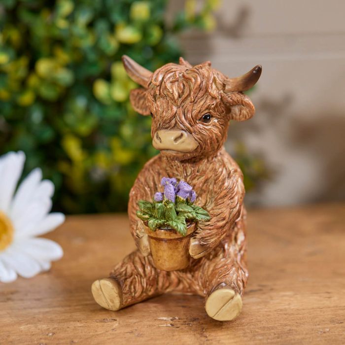 Resin Highland Cow with Flower in Plant Pot