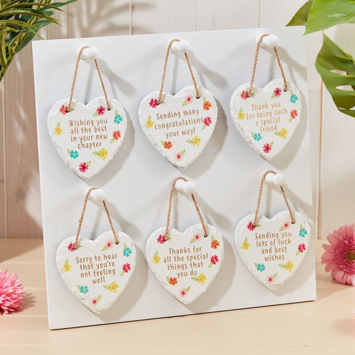 White Slate Floral Heart Hangers