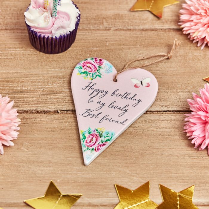 "Happy birthday...Best Friend" Pink Floral Heart Hanger