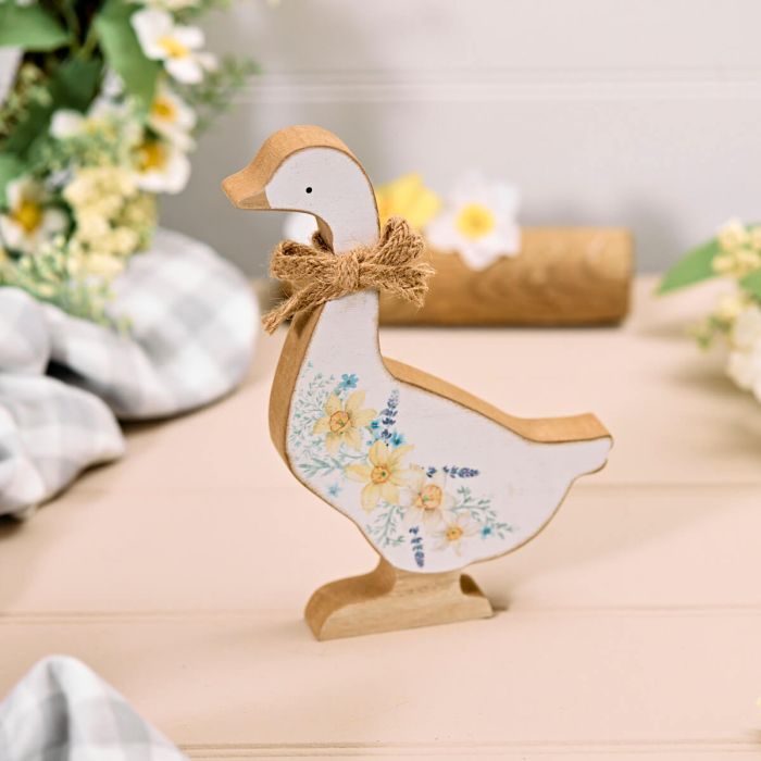 Standing Floral Wood Goose with Natural Bow