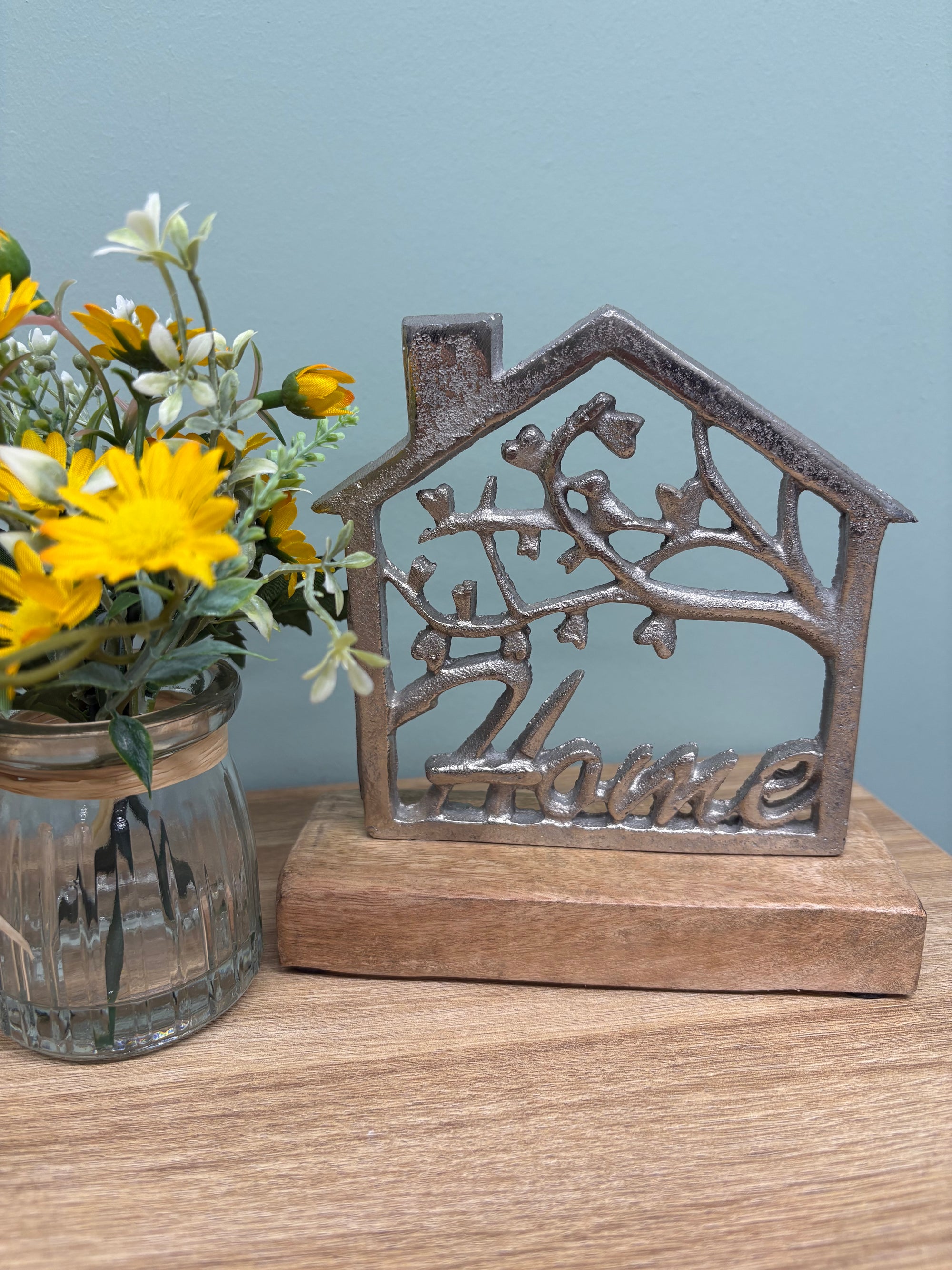 "Home" Metal Ornament on Wooden Base