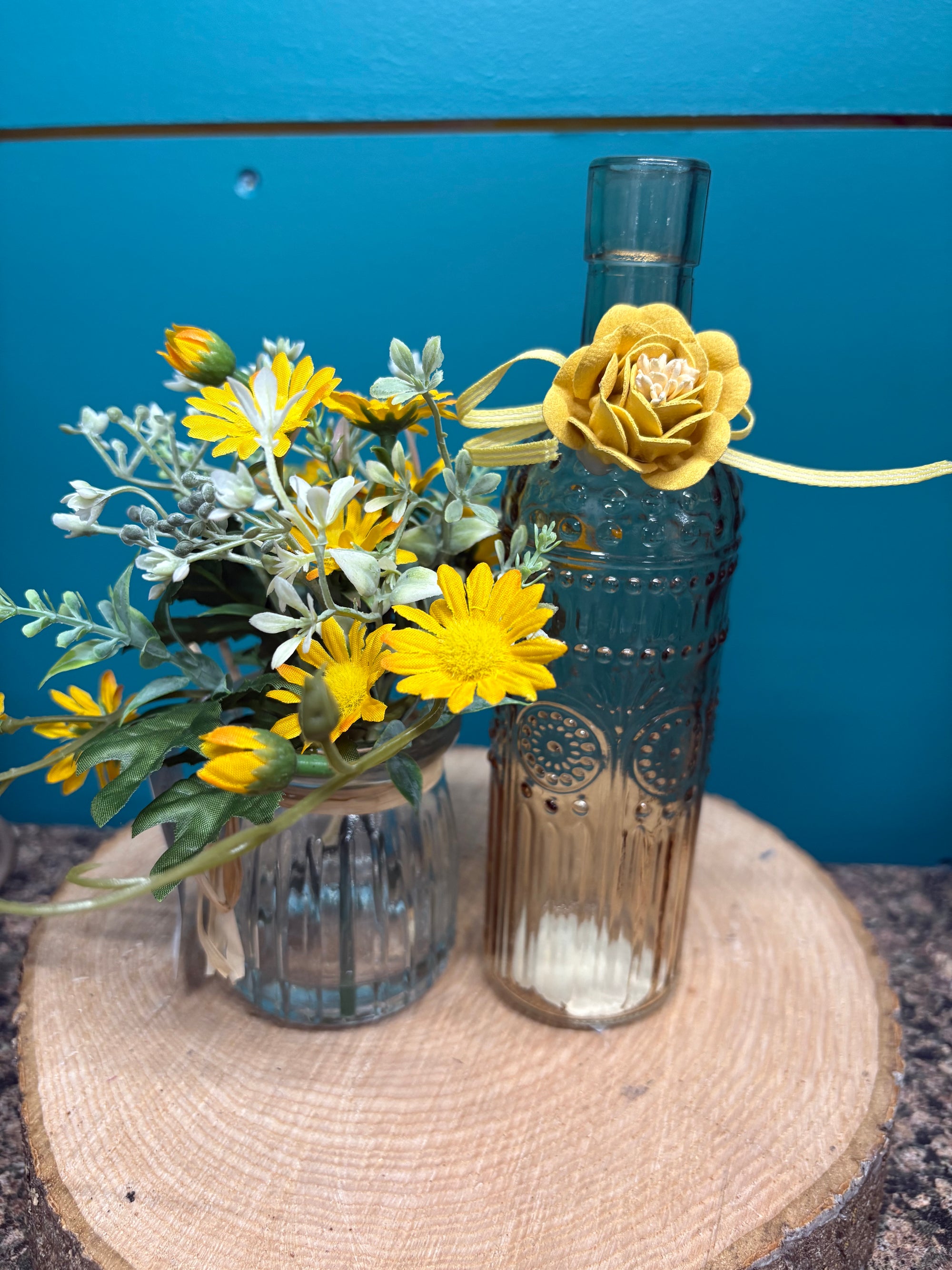 Yellow Embossed Bottle Vase with Flower