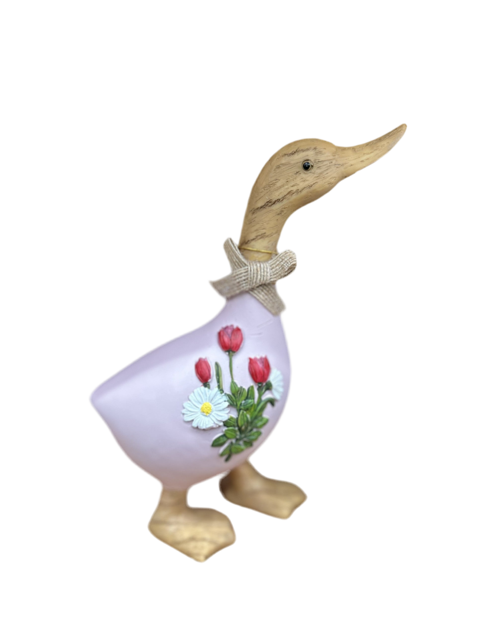 Pink Floral Standing Duck with Natural Bow