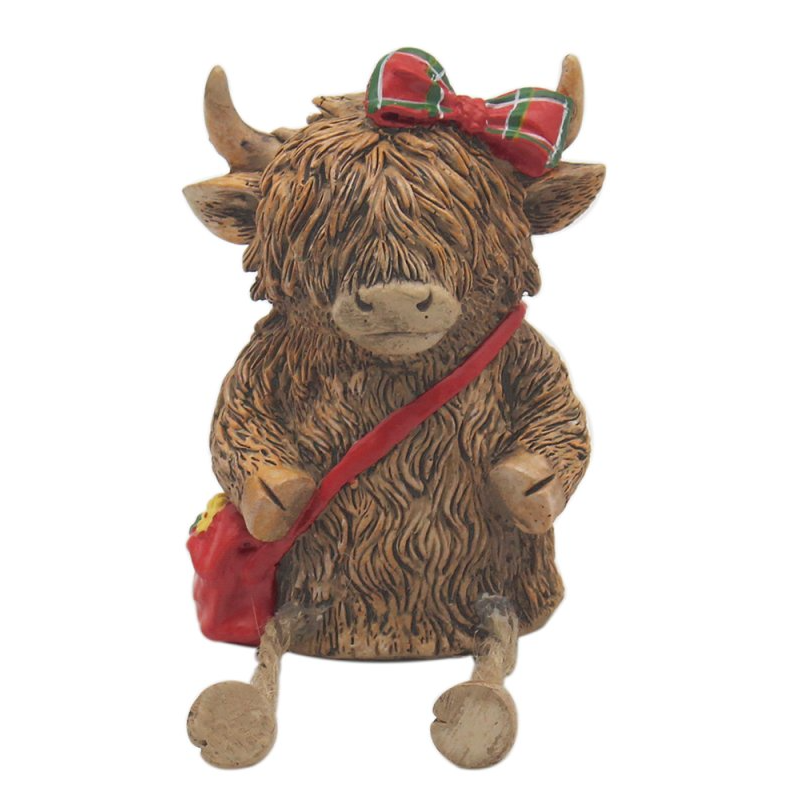 Highland Cow With Tartan Bow and Bag Shelf Sitter