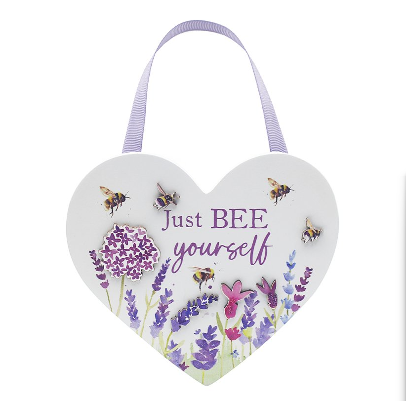 "Just bee yourself" Purple Floral with Bees Heart Hanger