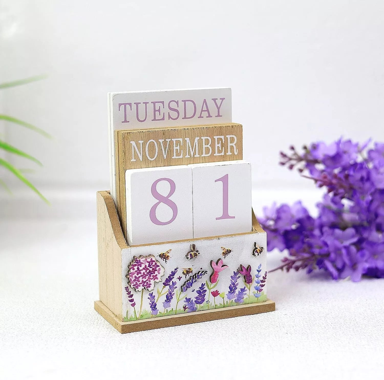 Lavender Floral Bee Wooden Calendar Block